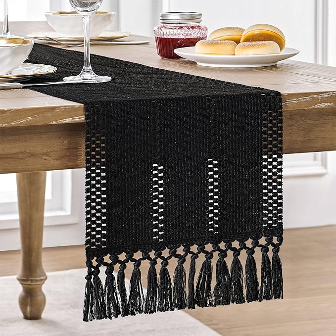 Macrame Style Boho Table Runner, 12x48 Inch Black | Woven Boho Table Runner by ZEEMARTONLINE