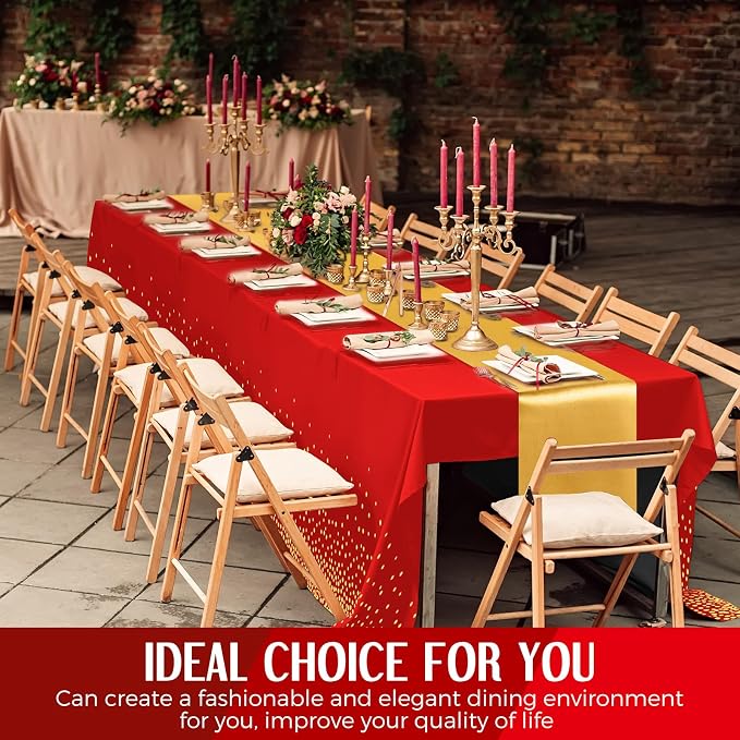 24 Pack Red and Gold Disposable Plastic Tablecloths and Satin Table Runner Set - Image 6
