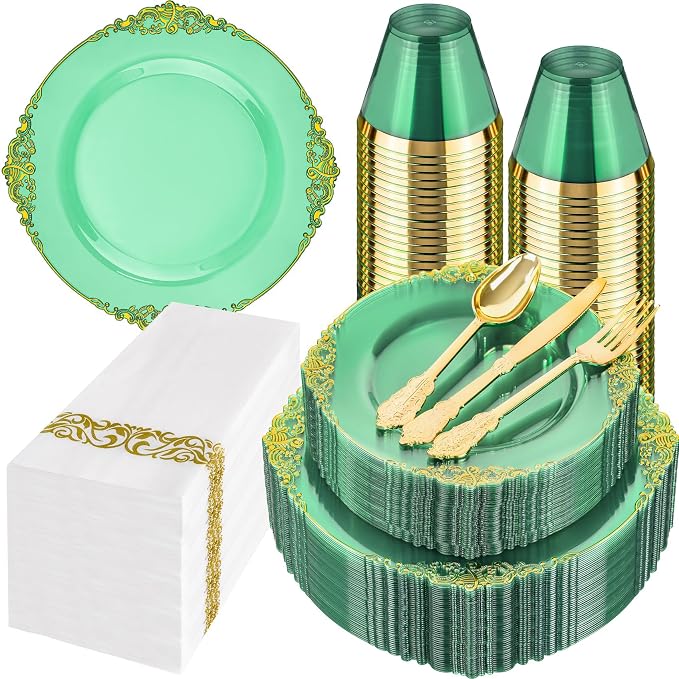 350 Pcs Green Gold Plates for St. Patrick's Day | Green Party Plates Set for 50 by Hioasis