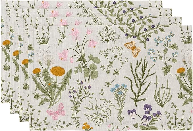 QIYI Boho Table Placemats Set of 4, Wildflowers | Fabric Place Mats by QIYI