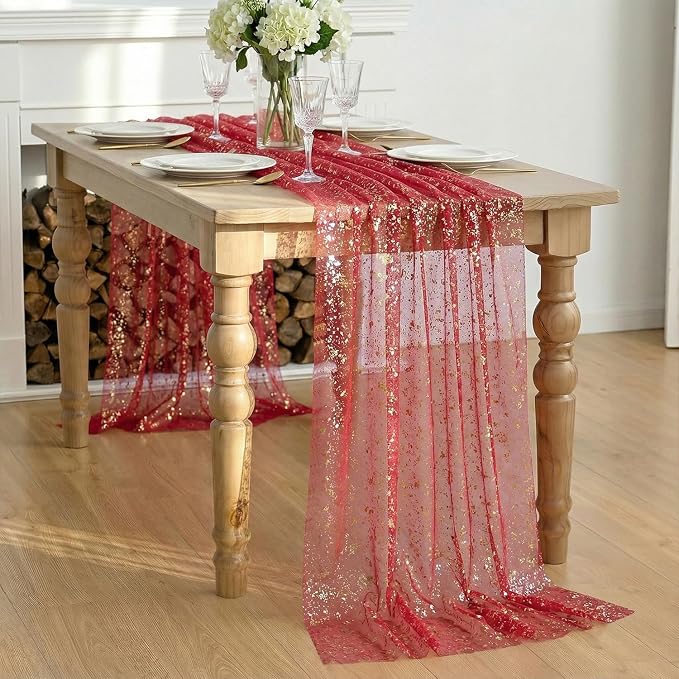 Artoid Mode Red Gold Gauze Table Runner 59x120 Inch 10FT, Glitter Metallic Foil - Image 4
