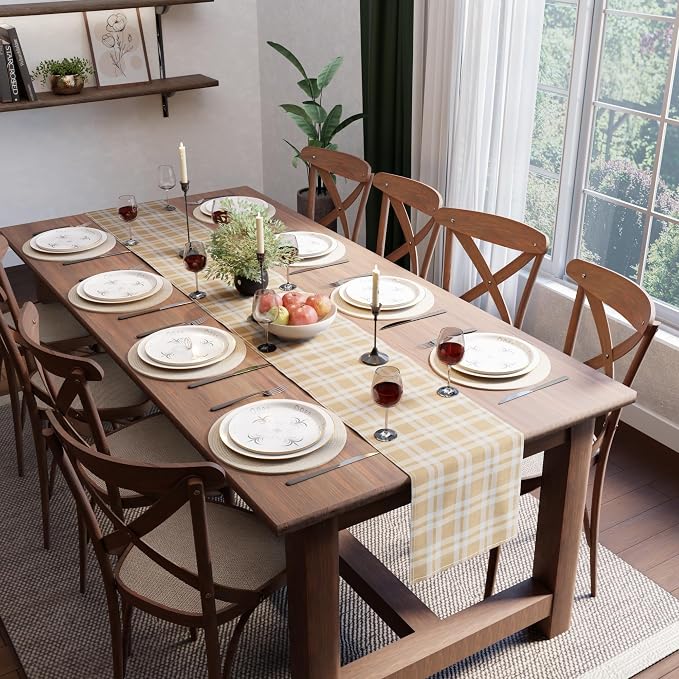 Encasa XO Table Runner, Woven Cotton Dining Runner 13"x120" Franca Beige Checks - Image 9