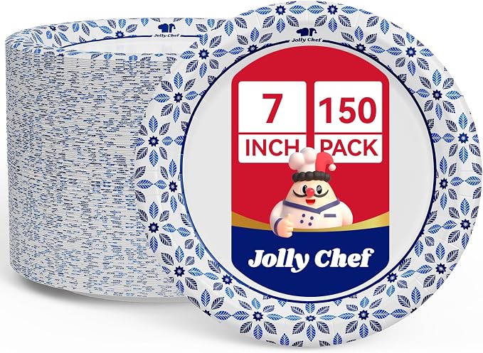 7 inch Disposable Paper Plates 150 Count, Soak Proof, Cut Proof, Heavy Duty by JOLLYCHEF