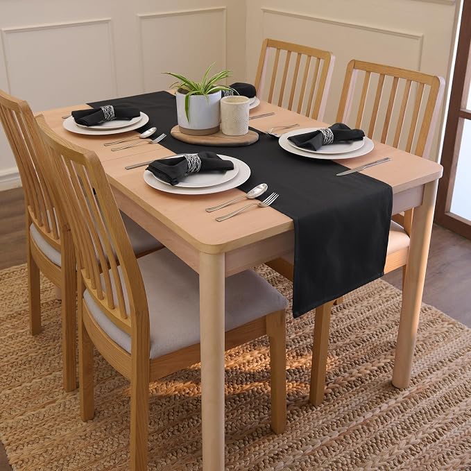 Encasa XO Table Runner, Cotton Canvas Dining Runner 13"x104" | Jet Black - Image 2