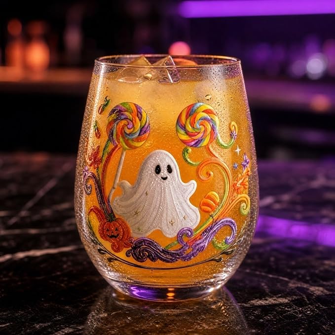 Halloween Printed Glass Cup, Ghost Pumpkin Themed Handleless Drinking Tumbler - Image 8