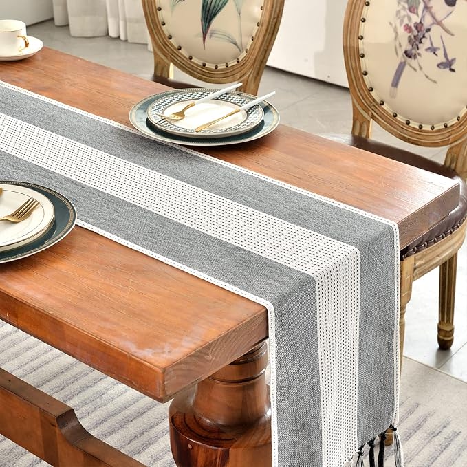 Wracra Linen Table Runner, Stripe Table Runners 72 Inches Long Black | Delicate - Image 6