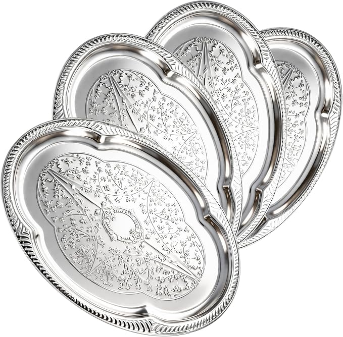 4-Pack Large Silver Serving Tray 20.3 x 15.2 Inch Mirror Platter Set by KikkavoLLC