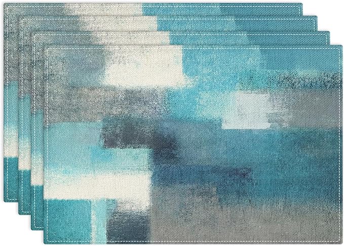 Emvency Farmhouse Placemats Set of 4, 12x18 Inch, Teal and Grey | Abstract Art by Emvency