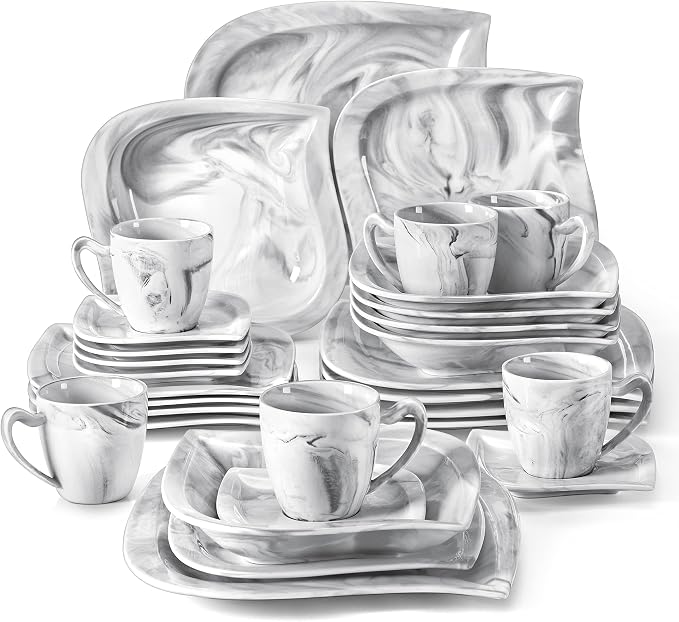 MALACASA 30 Piece Porcelain Dinnerware Set, Marble Grey by MALACASA