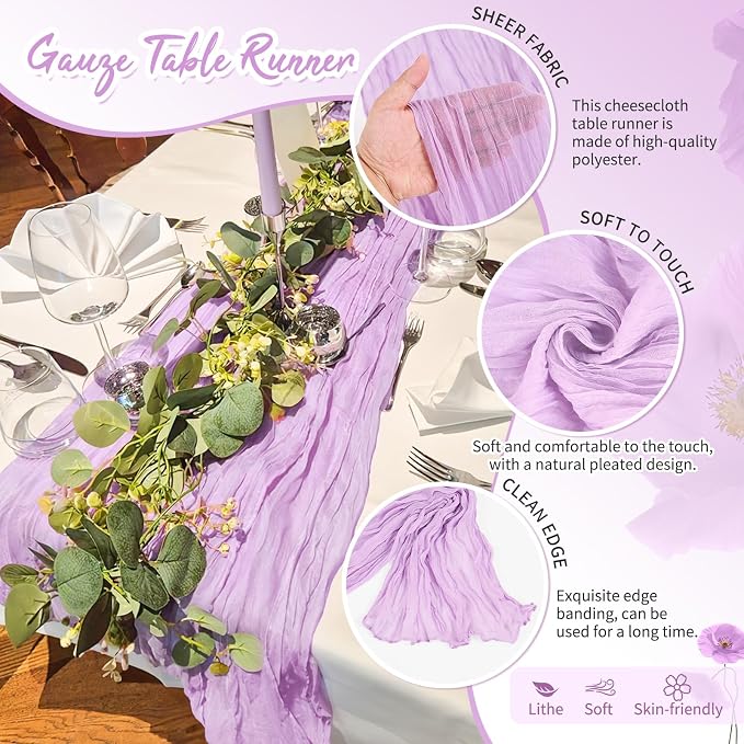 Showgeous 4 Pack Lilac Purple Cheesecloth Table Runner, 17 x 108 Inches | Boho - Image 3