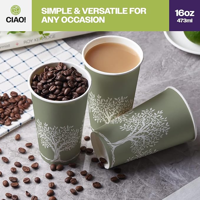 CIAO! 16oz Paper Hot Cup, Rooted Olive Print - Image 6