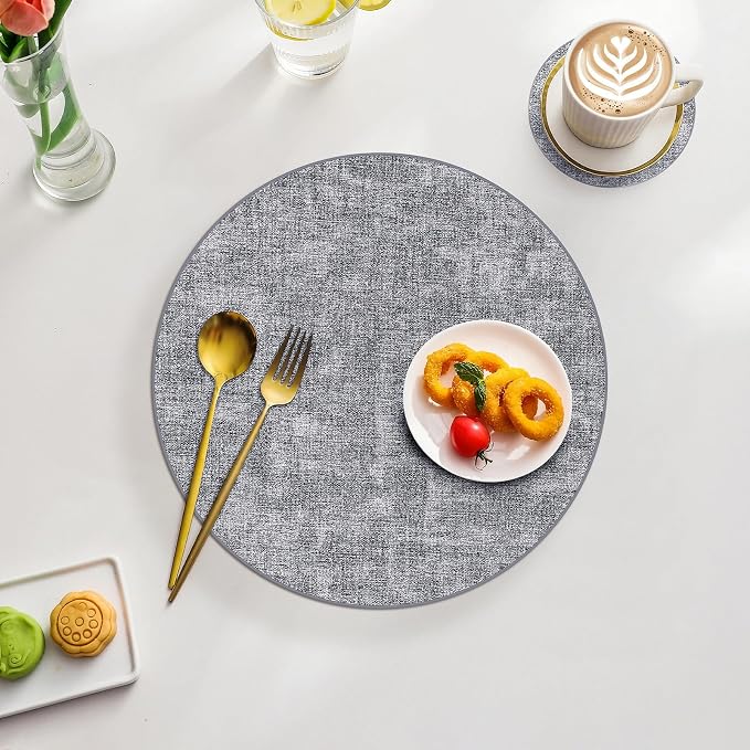 Homaxy Round Faux Leather Placemats and Coasters, Wipeable Place Mats, - Image 9
