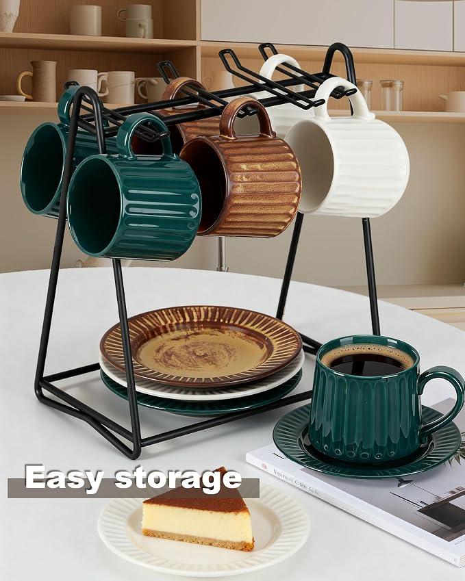Ceramic Cup and Saucer Set, 11.5 oz Coffee Cups - Image 6