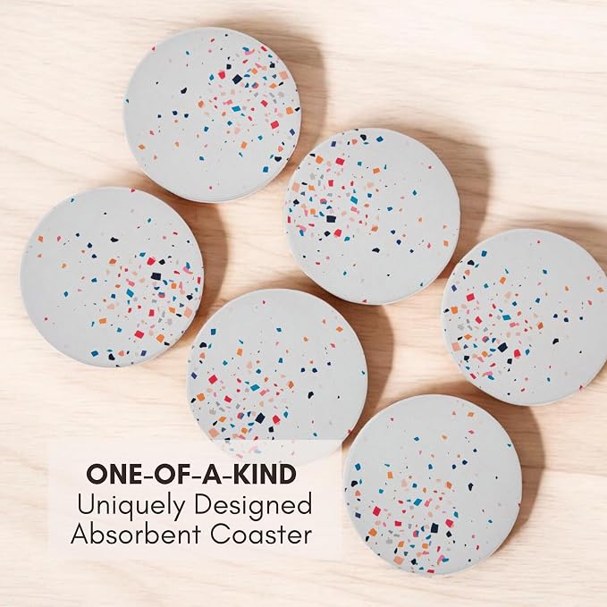 Terrazzo Coasters Set of 6, Colorful Boho Absorbent Ceramic Coasters | Speckled - Image 7