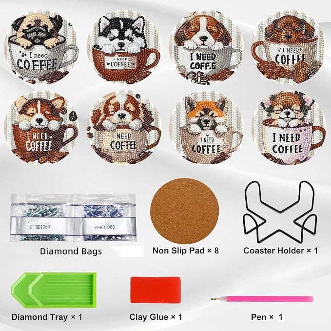 Ekuxom 8 Pcs Coffee Dog Diamond Art Coasters Kits - Image 4