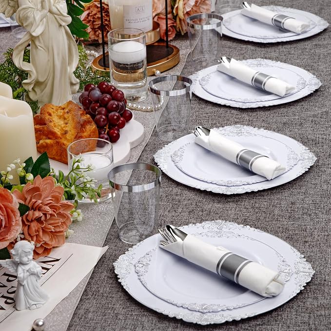 210 Pcs White Silver Plates for Party | White Party Plates Set for 30 Guests - Image 2