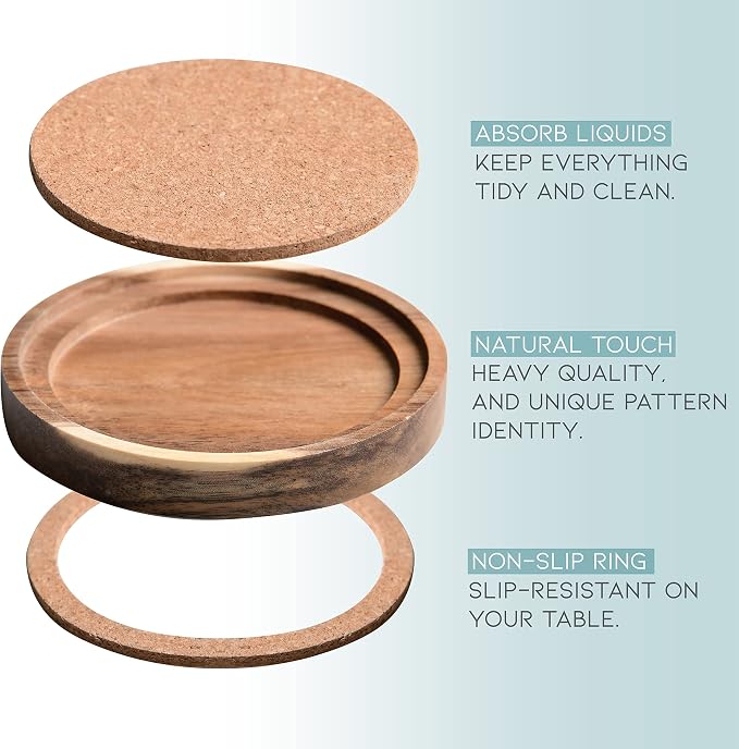 Acacia Wood Coasters for Drinks, 4.13 Inch, Absorbent and Insulation Cork - Image 3