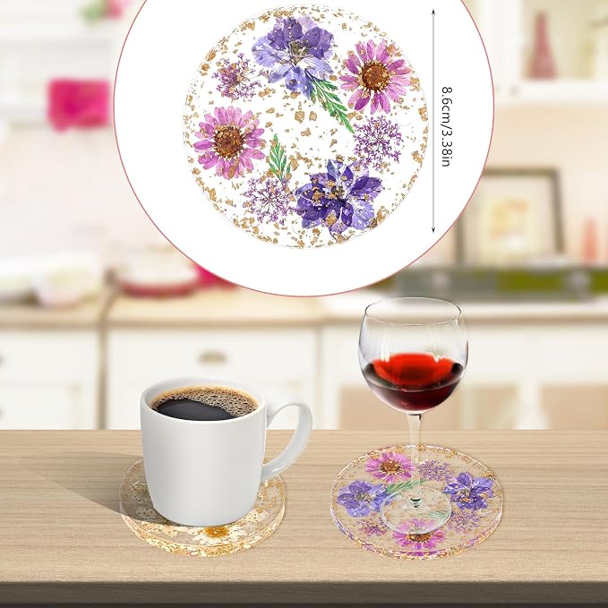 Amabro Dried Flower Drink Coasters, Floral Resin Drink Cup Mat Set of 2 - Image 7