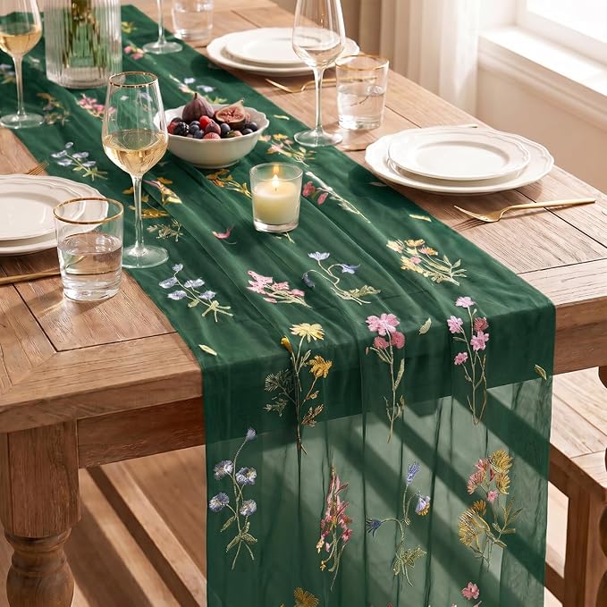 Artoid Mode Wildflower Floral Green Gauze Embroidery Table Runner 120 Inch 10FT - Image 7