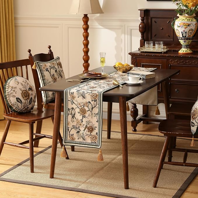 Designer French Linen Extra Long Table Runner, Floral and Bird Pattern - Image 3