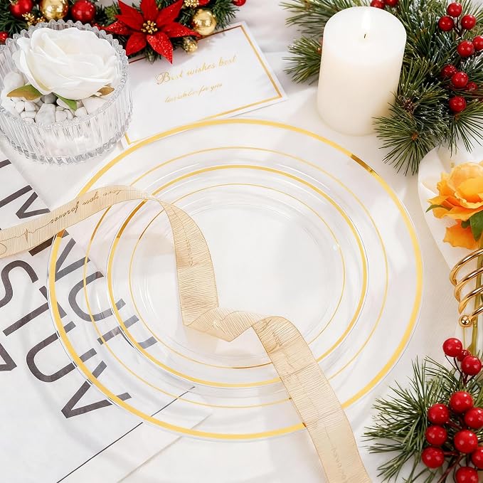 102 Pcs Clear Gold Plastic Plates, Premium Disposable Party Plates | Clear and - Image 7