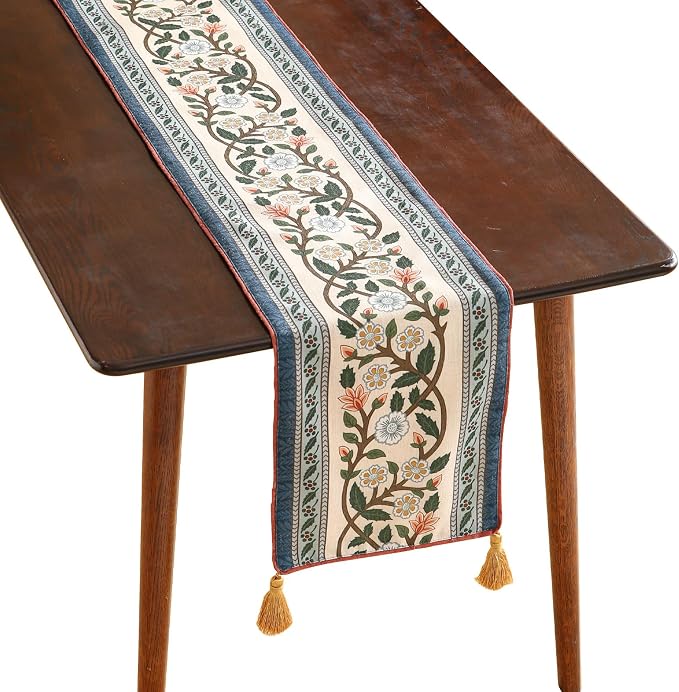 Designer Vintage Linen Extra Long Table Runner, Floral Pattern, Dining Table by Isaennehomedecoration