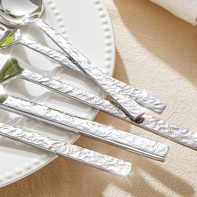 20 Pcs Hammered Silverware Set for 4, 18/10 Stainless Steel Heavy Duty Flatware - Image 5