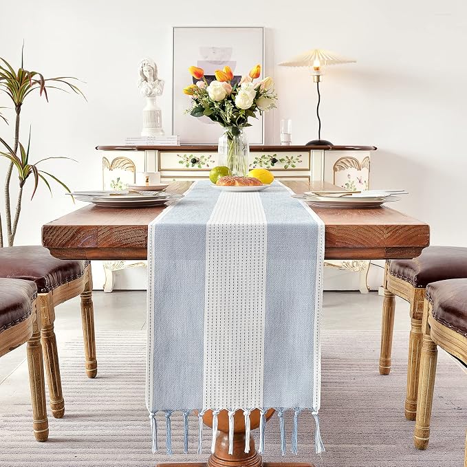Wracra Linen Table Runner, Stripe Table Runners 90 Inches Long Blue | Delicate - Image 4