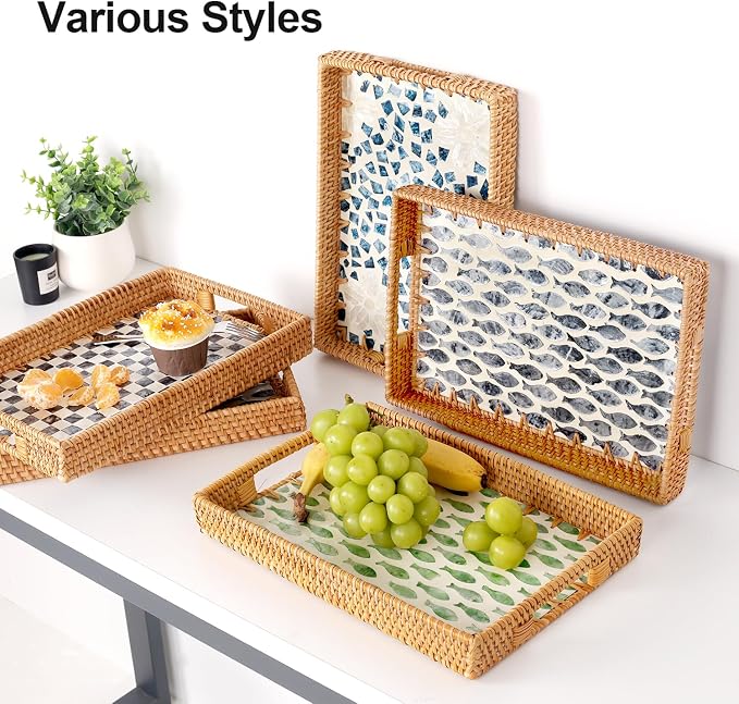 Rectangle Rattan Tray with Mother of Pearl Inlay, Rattan Serving Tray with - Image 3