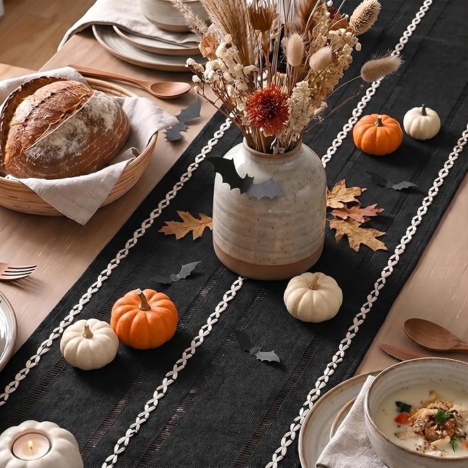 Artoid Mode Black Rustic Cotton Linen Table Runner, Seasonal Halloween - Image 3
