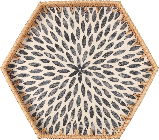 Hexagon Rattan Tray with Mother of Pearl Inlay, Rattan Serving Tray by Tynulox