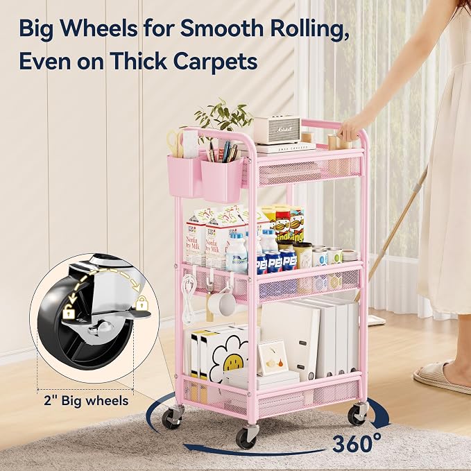 3 Tier Metal Rolling Cart, Art Workspace, Bedside Storage - Image 4