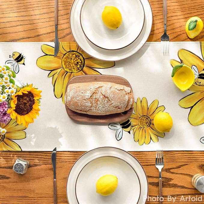 Artoid Mode Beige Bee Sunflower Table Runner, Seasonal Spring Summer Flowers - Image 3