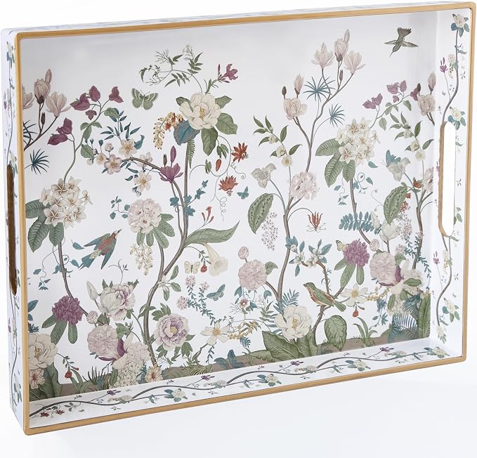 Serving Tray with Handles, Rectangular Plastic Tray 15.75x11.81 Inch, Floral by Origtray