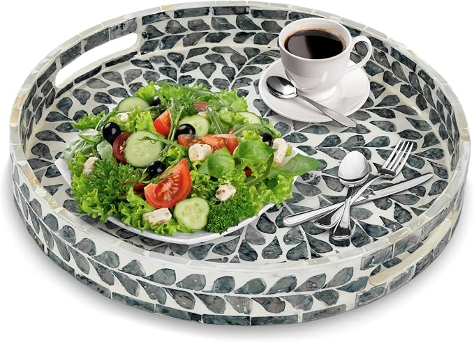 Serving Tray 12.5 Inch, Lacquer Mother of Pearl Inlay Mosaic Tray, Round Wooden - Image 4