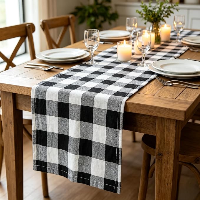 ShinyBeauty Gingham Table Runner 13x72 Black White Buffalo Plaid | Soft Cotton by ShinyBeauty