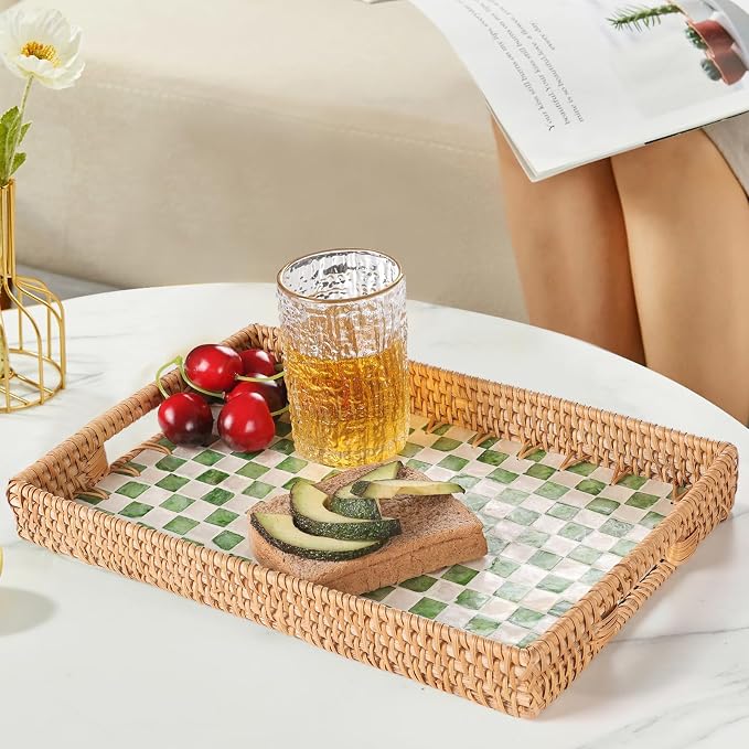 Rectangle Rattan Tray with Mother of Pearl Inlay, Rattan Serving Tray with - Image 8
