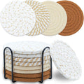 8 Pcs Drink Coasters with Holder, Minimalist Cotton Woven Coaster Set, 4 Colors by Unknown