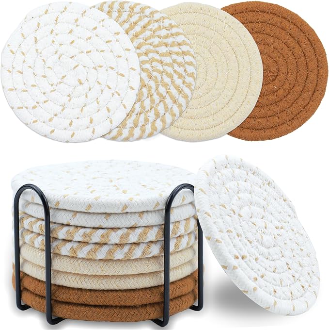 8 Pcs Drink Coasters with Holder, Minimalist Cotton Woven Coaster Set, 4 Colors by Unknown