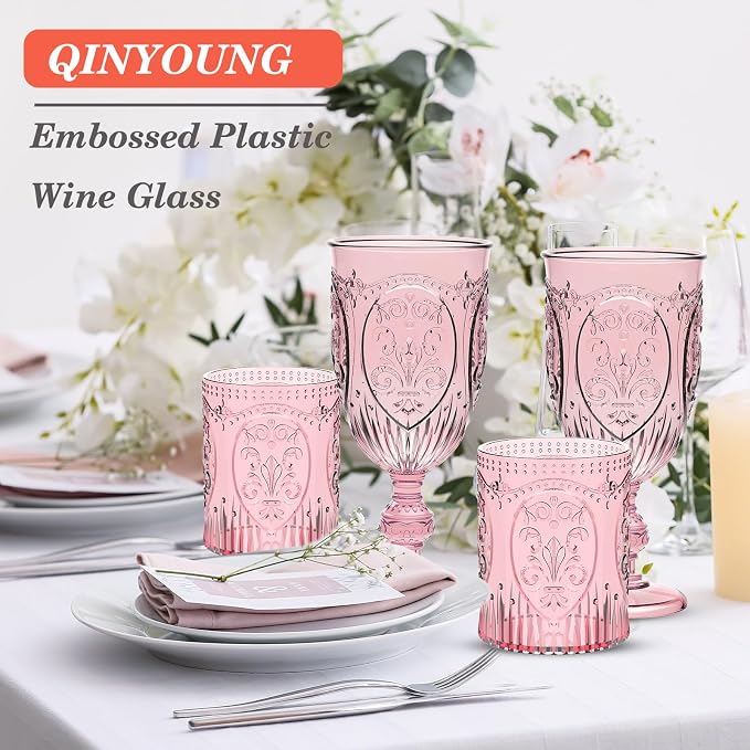 Qinyoung 12 Plastic Vintage Drinking Glasses 8.5oz Stemless Retro Embossed Wine - Image 7