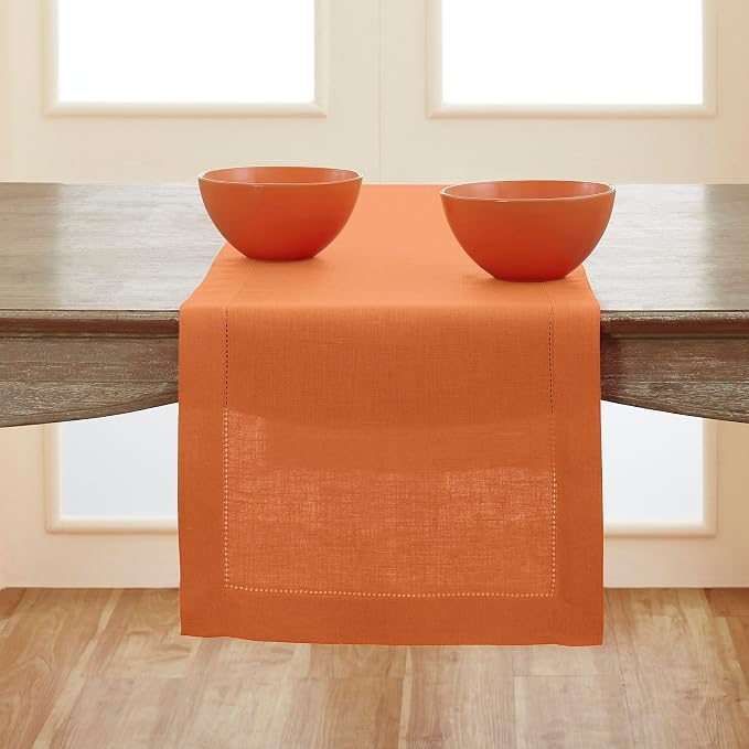 Solino Home 100% Pure Linen Table Runner Pumpkin Hemstitch, 14 x 132 in | by SolinoHome