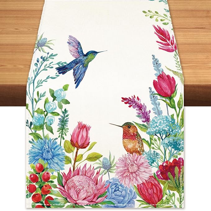 Summer Floral Hummingbird Table Runner Green Leaves Burlap Table Runners by BEAUTYROMANCEFORYOURLIFE
