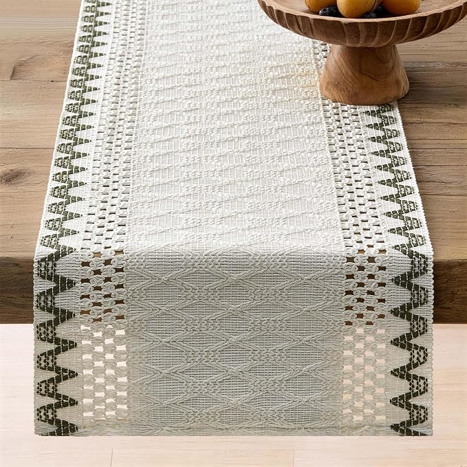 Macrame Side Trim Boho Woven Table Runner, Moss 12x90 Inch | Crochet Hollow - Image 6