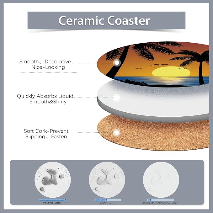 Drink Coasters Set of 6 with Holder, Beach Palm Trees Sunset Landscape - Image 3