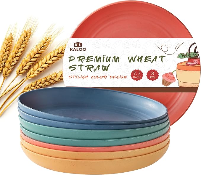 8 PCS Wheat Straw Plates, Kaloo 7.7 Inch Melamine Reusable Plastic Unbreakable by KL+KALOO