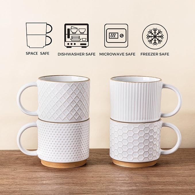 GBhome 6 OZ Stackable Coffee Mugs Set of 4, Ceramic Coffee Cups Set | 4 - Image 7