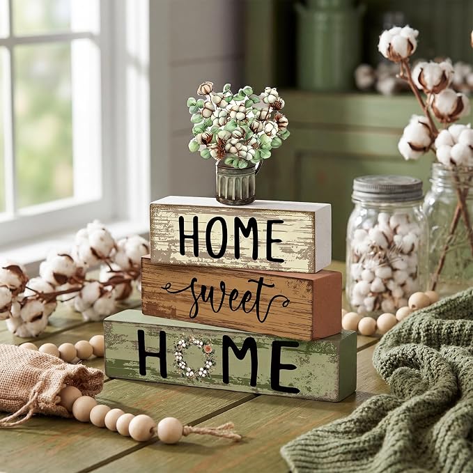 Cinnvoice 4 Pcs Spring Cotton and Eucalyptus Wooden Block Decor Farmhouse - Image 2