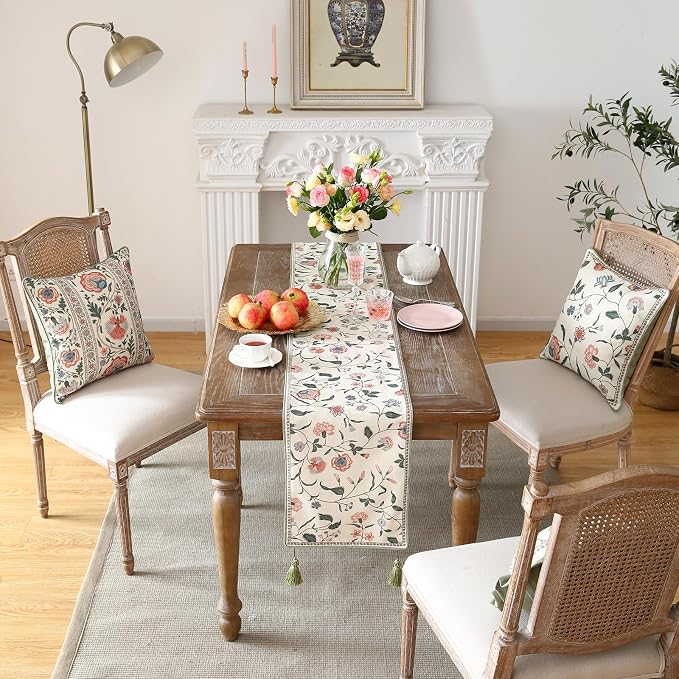 Designer Vintage Linen Extra Long Table Runner, Floral Pattern, Dining Table - Image 8