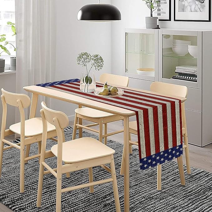 American Flag Table Runner, 4th of July USA Rustic Vintage Wooden Blue Red - Image 3