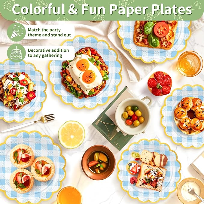 50 Pcs Blue Gingham Paper Plates Disposable, Dessert Cake Plates, - Image 5